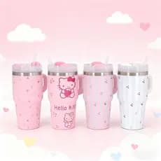Copo Garrafa Térmico Inox Portátil 600ML Com Canudo Alça Desenho de flores Gatinho para Crianças
