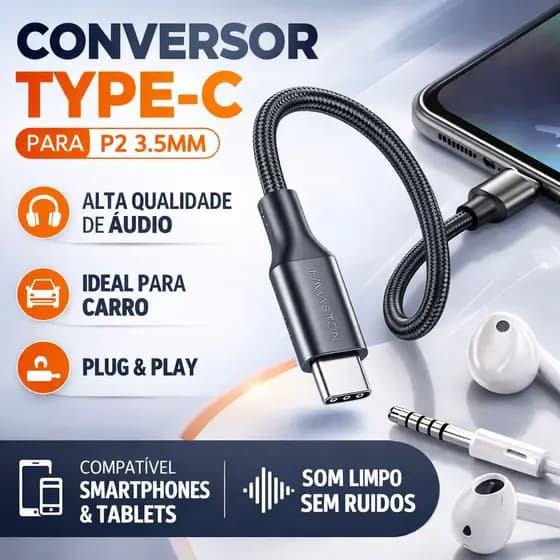 Conversor/Adaptador de Áudio 3.5 H’MASTON/ Tipo-C para Fone de Ouvido Leve e Portátil/ Modelo ZHQ 18