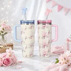 Copo Térmico Floral com Alça 1200ml Mantém Quente e Frio+ Canudo Inox Brinde 1866-1200ML