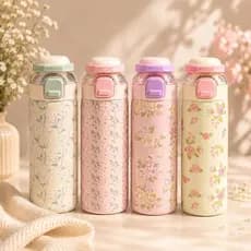 Garrafa Térmica Floral 700ml Com Canudo 2 Bicos Trava de Segurança Inox Portátil para Água, Café Chá