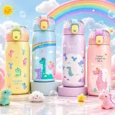 Garrafa Térmica Infantil 450ml Aço Inoxidável com Trava de Segurança Estampa Dinossauro Sem BPA