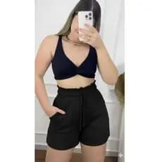 Short Feminino Cintura Alta de Tricot Tipo Alfaiataria com Bolso Roupa Feminina Moda Verão Elegante