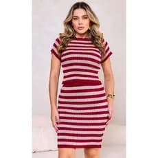 Conjunto Midi Tricot Listrado Canelado Cropeed T-shirt Manga Curta e Saia Midi Moda Verão Elegante