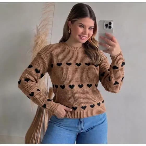 Blusa de Frio Feminina Estilosa Tricot Corações Roupa Feminina Elegante de Inverno