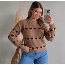 Blusa de Frio Feminina Estilosa Tricot Corações Roupa Feminina Elegante de Inverno