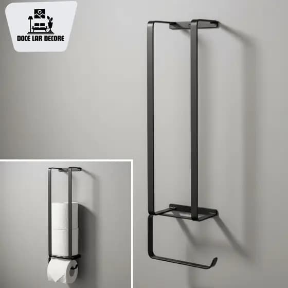 Porta Papel Higiênico de Parede Preto e Dourado Suporte Moderno Decoração Luxo Banheiro Lavabo