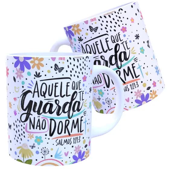 Caneca Salmos 121:3 Aquele que te Guarda Não Dorme Xicara Salmos 121 Porcelana ou Plástico 325ml