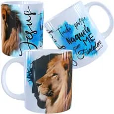 Caneca Tudo posso Naquele que Me fortalece Leao Caneca Leao Filipenses Xicara Leao 325ml Porcelana