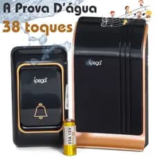 Campainha Sem Fio Longo Alcance 180m Prova D'água Preto Dourado Casa Segurança Cigarra Elétrica