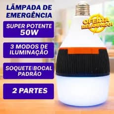 Lâmpada De Emergência 50w 6h Bateria Após Faltar Energia Led Bivolt Pilhas incluídas Recarregável