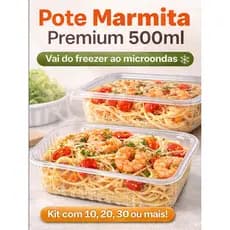 Kit 10 a 50 Unidades Pote Marmita 500ml Com Tampa Descartável PP Freezer Micro-ondas Reutilizável Delivery Plastilânia