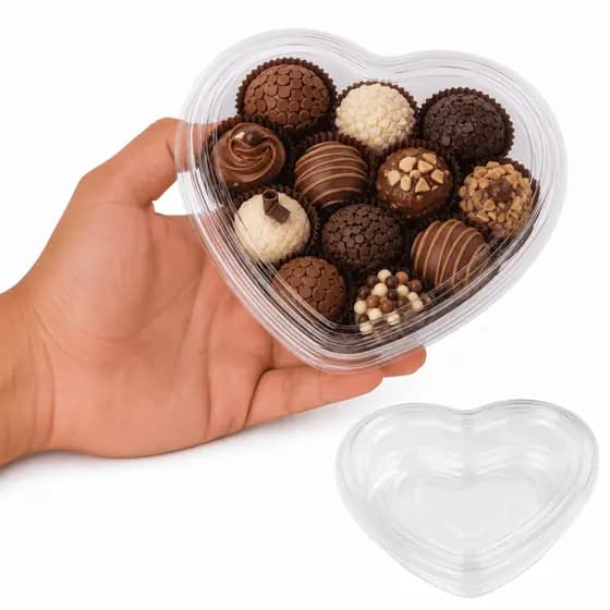 Kit Até 50 Unidades Pote Coração 260ml PET Cristal Com Tampa Para Doces Salgados Bombons Brigadeiros Confeitaria
