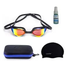Kit Oculos Natação Espelhado Leader Winner Preto + Touca Leader + Estojo Medinas + Spray