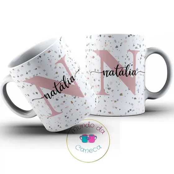 Caneca Personalizada com Inicial e seu Nome de Porcelana no Fundo Granilite -  Temos Todas Iniciais