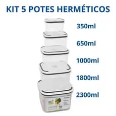 Kit 5 Unidades Potes Herméticos Plastico Para Mantimentos Micro-ondas Alimentos Geladeira Marmita