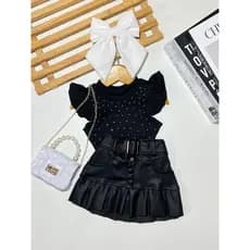Conjunto 2 Peças Infantil Menina Saia Plissada e Blusa com Brilho Verão Passeio