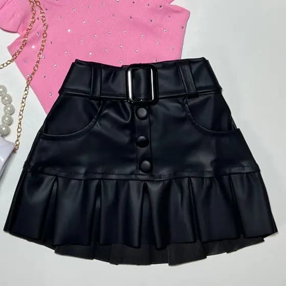 Saia Infantil  Menina Bloguerinha Couro fake Fashion Verão Inverno Momento Botão