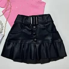 Saia Infantil  Menina Bloguerinha Couro fake Fashion Verão Inverno Momento Botão
