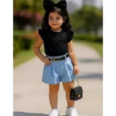 Conjunto Infantil e Juvenil Blusa Brilho Short Alfaiataria Luxo Blogueirinha