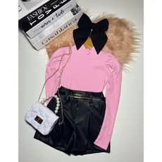 Conjunto Infantil 2 Peças Blusa Manga Longa Cacharrel E Short Couro Com Cinto Inverno Bloguerinha