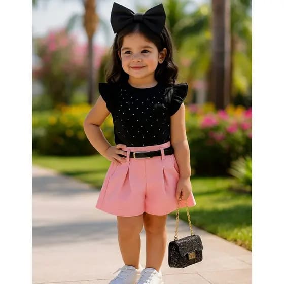 Conjunto Infantil Menina Alfaiataria Cropped Shorts Com Cinto Bloguerinha Festa Lançamento Verão