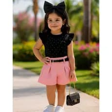 Conjunto Infantil Menina Alfaiataria Cropped Shorts Com Cinto Bloguerinha Festa Lançamento Verão