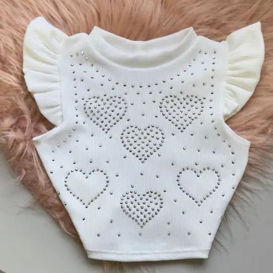 Blusa Infantil Cropped Pedraria Desenhos Babado na Manga Fashion Moda Bloguerinha Casual Dia a Dia