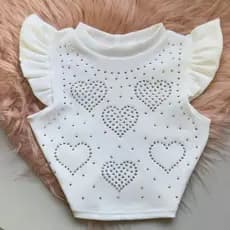 Blusa Infantil Cropped Pedraria Desenhos Babado na Manga Fashion Moda Bloguerinha Casual Dia a Dia