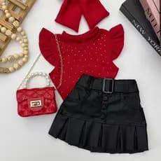 Conjunto 2 Peças Infantil Menina Saia Plissada e Blusa com Brilho Verão Passeio