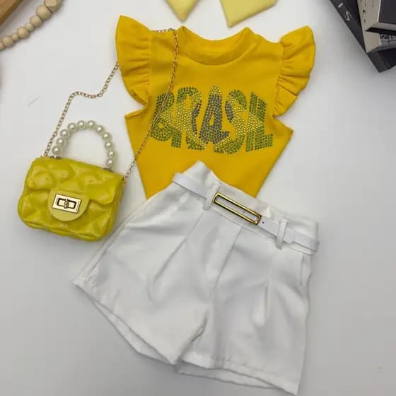 Conjunto Infantil 2 Peças Blusa do Brasil Menina Short Alfaiataria Moda Bloguerinha Casual Elegante Fashion Look Copa