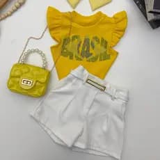 Conjunto Infantil 2 Peças Blusa do Brasil Menina Short Alfaiataria Moda Bloguerinha Casual Elegante Fashion Look Copa