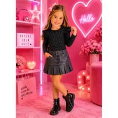 Conjunto 2 Peças Infantil Menina Saia Plissada  Blusa Manga Longa com Brilho Verão Passeio Moda Bloguerinha