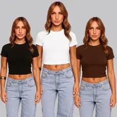 Kit 3 Baby Tee Feminina – Blusa Slim Fit Compressão Suplex Treino e Casual