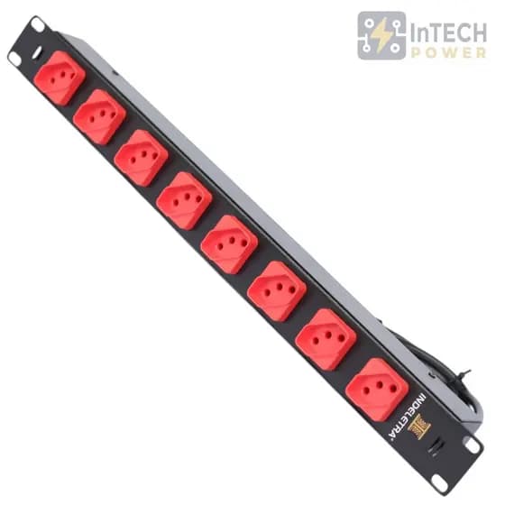 RÉGUA PADRÃO RACK 19 POL. 1U 8 TOMADAS DIAGONAL VERM. ATÉ 10 AMPERES - 127/220V - CABO 1,2M - PRETO