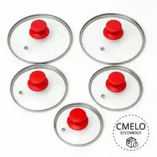 Jogo de tampas de vidro kit 5 peças 16 a 24, pegador vermelho pomel para panelas e frigideiras