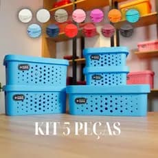 Kit 5 Cestos Organizadores Com Tampa Com Alça Caixa Organizadora Multiuso Resistente Organização