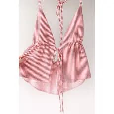 Cropped Regata Feminina Casual Listrada com Pescoço em Halter e Amarração Nas Costas Cropeed