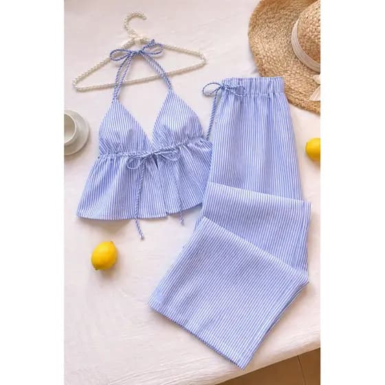 Conjunto Cropped Regata Feminina Casual com Pescoço em Halter e Amarração Nas Costas Cropeed