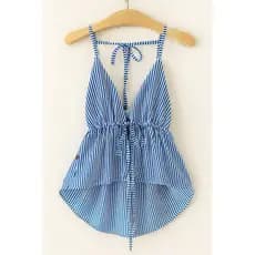 Cropped Feminina Casual Listrada Crooped com Pescoço em Halter e Amarração Nas Costas Cropeed