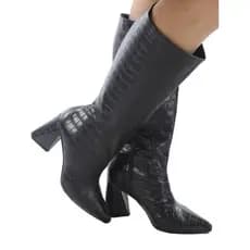 Bota Feminina Croco Salto Grosso Geométrico 7,5cm Bico Fino Luxo Confortável Antiderrapante