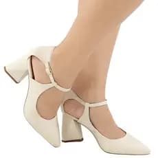 Scarpin Feminino Bico Fino Salto Bloco 7,5cm Moda Evangélica Tiras Elegante Macio Confortável
