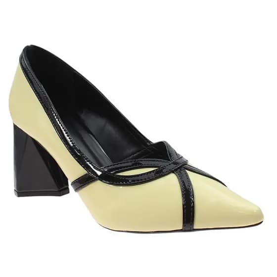 Scarpin Feminino Salto Bloco Geométrico Verniz Bico Fino Detalhe Tiras Elegante Moderno Social