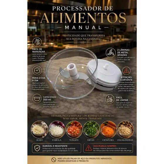 Mini Processador Manual de Cozinha 200 ml- Triturador de Temperos, alhos, cebolas e verduras portátil