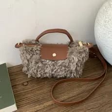 Bolsa Feminina de Pelúcia Teddy Transversal de Ombro Pequena Sacola Fofa Outono Inverno Casual Moda