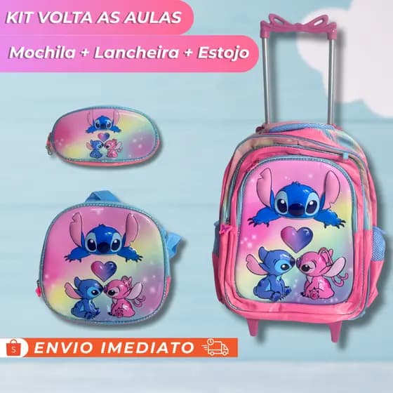 Kit Mochila Stitch Rosa/Azul com Rodinhas + Lancheira + Estojo | Infantil