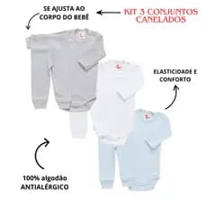 Kit 3 Conjuntos Bebê Pagão Canelado Menino  kit com 3, Body manga longa e Calça