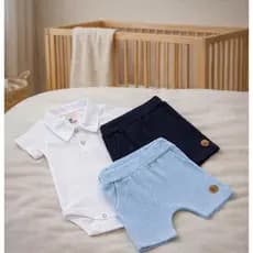 Kit 3 Peças Bebê Menino Body Gola Polo Manga Curta e 2 Shorts Verão