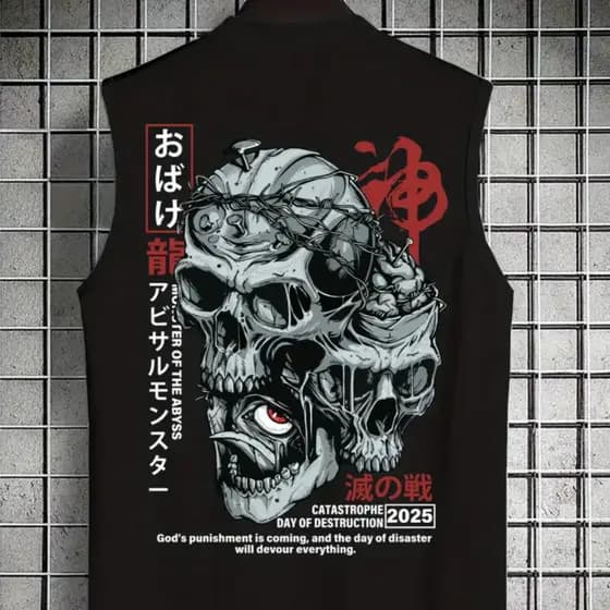 Regata Machão Algodão Estampada Frente/Costas Caveiras Escrita Japonesa Monstros Estilo Alternativo Streetwear Skatista