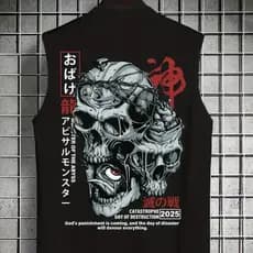 Regata Machão Algodão Estampada Frente/Costas Caveiras Escrita Japonesa Monstros Estilo Alternativo Streetwear Skatista