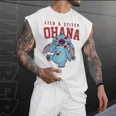 Camiseta regata machão masculino OHANA Lilo & Stitch Longline em algodao unissex